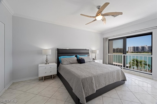 bedroom featuring ceiling fan and ornamental molding