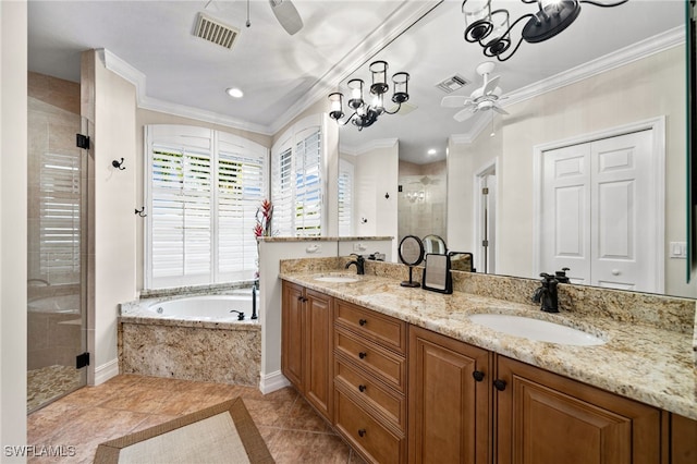 bathroom with tile patterned floors, vanity, ceiling fan, crown molding, and independent shower and bath