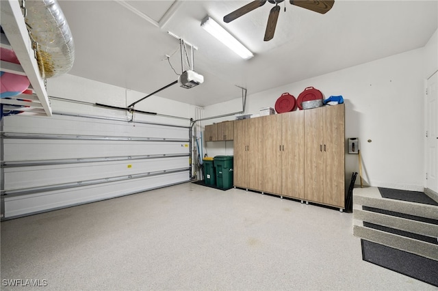 garage featuring ceiling fan and a garage door opener