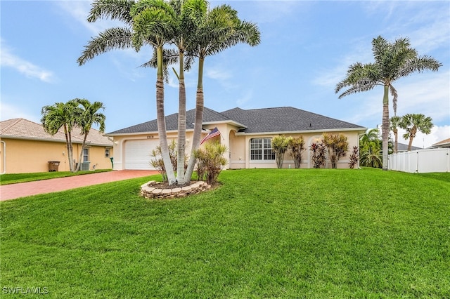 single story home with a garage and a front yard