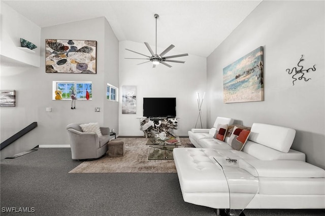 living room featuring carpet floors, high vaulted ceiling, and ceiling fan