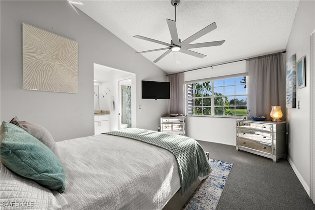 bedroom with ceiling fan, vaulted ceiling, a textured ceiling, and dark colored carpet