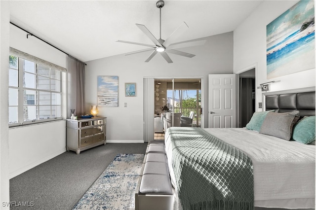 bedroom featuring ceiling fan, lofted ceiling, access to exterior, and dark carpet