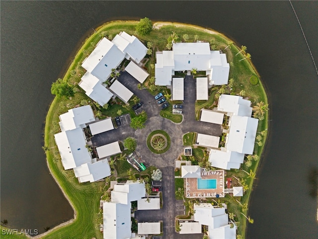 drone / aerial view featuring a water view