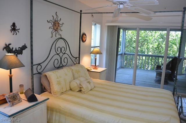 bedroom featuring access to exterior and ceiling fan