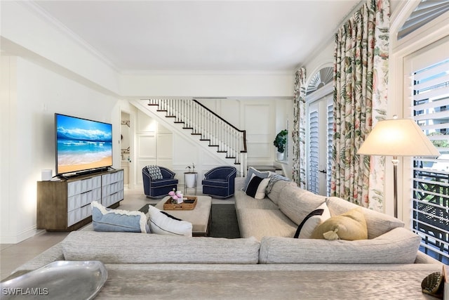 living room featuring ornamental molding