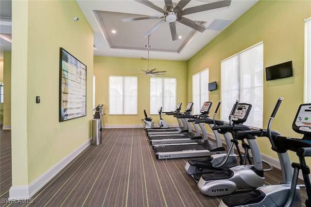 workout area with dark colored carpet, a tray ceiling, and ceiling fan