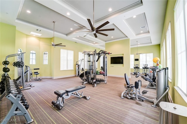 gym featuring ceiling fan, carpet floors, and a wealth of natural light