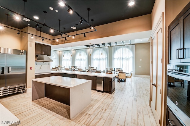 kitchen with dark brown cabinetry, stainless steel appliances, plenty of natural light, light hardwood / wood-style floors, and a kitchen island