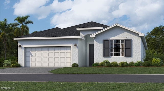 ranch-style house featuring a front lawn and a garage