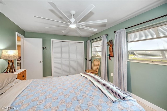 bedroom featuring ceiling fan and a closet