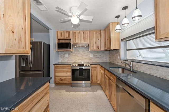 349 Coral Dr, Fort Myers, FL 33905 - kitchen with appliances with stainless steel finishes, a sink, dark countertops, under cabinet range hood, and decorative backsplash
