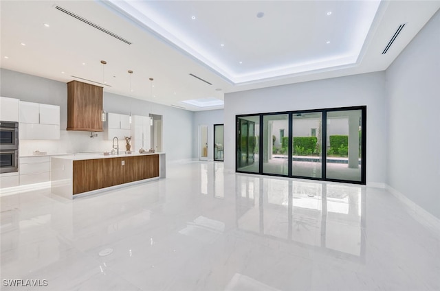 unfurnished living room featuring a raised ceiling