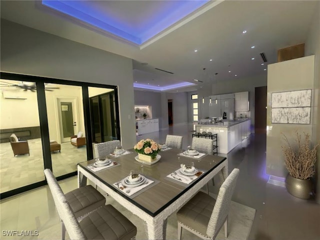 dining space with a raised ceiling