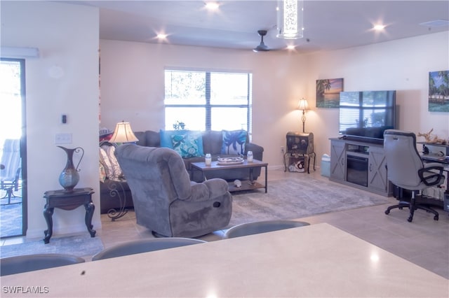 living room featuring light tile patterned floors