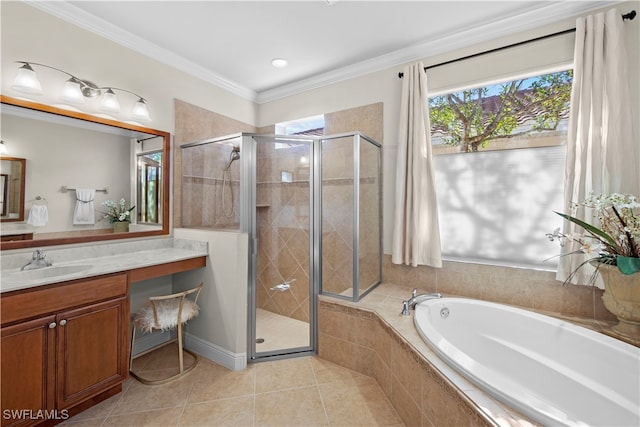 bathroom with a healthy amount of sunlight, ornamental molding, and shower with separate bathtub