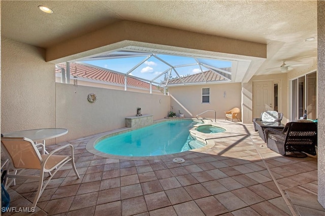 19550 Casa Bendita Ct, Estero, FL 33967 - view of pool with a patio area, a pool with connected hot tub, a lanai, and ceiling fan