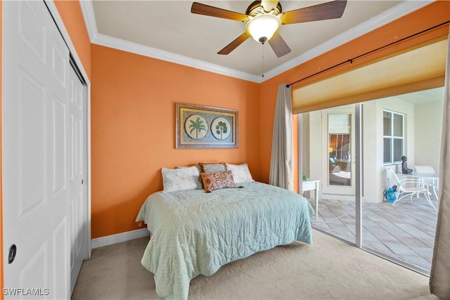 19550 Casa Bendita Ct, Estero, FL 33967 - bedroom featuring light carpet, a closet, ornamental molding, and ceiling fan