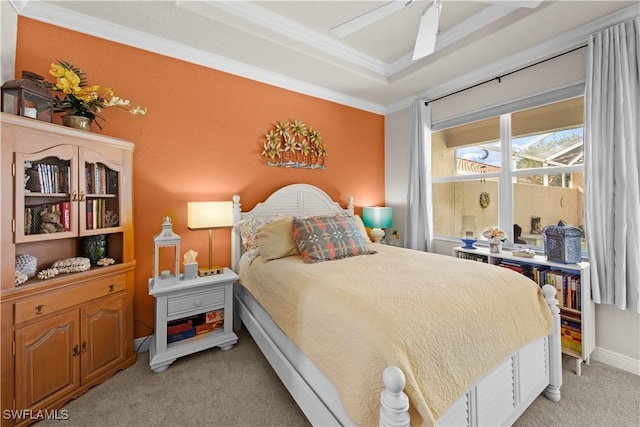 19550 Casa Bendita Ct, Estero, FL 33967 - bedroom with light colored carpet, ornamental molding, and ceiling fan