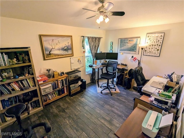 office space with ceiling fan and dark wood-type flooring