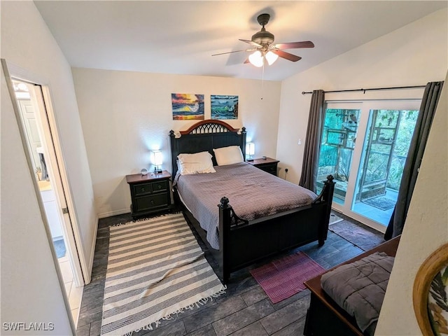 bedroom featuring access to exterior, ceiling fan, and lofted ceiling