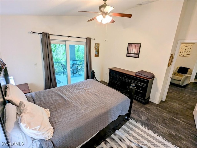 bedroom featuring access to exterior, dark hardwood / wood-style floors, ceiling fan, and lofted ceiling