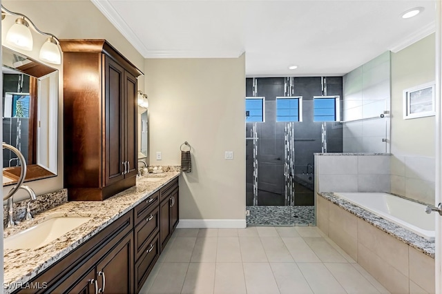 bathroom with plus walk in shower, vanity, crown molding, and tile patterned flooring