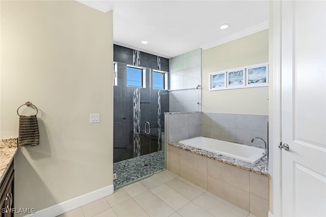 bathroom featuring shower with separate bathtub, vanity, tile patterned floors, and ornamental molding