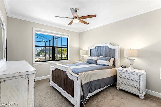 bedroom with light carpet, ceiling fan, and crown molding