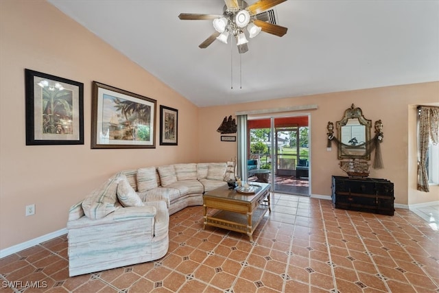 tiled living room with ceiling fan and vaulted ceiling