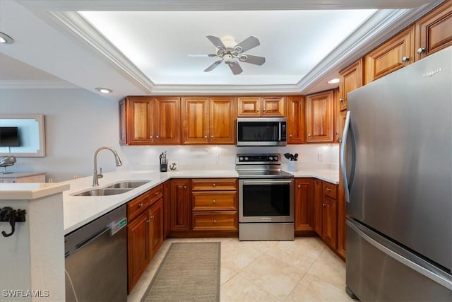 kitchen featuring kitchen peninsula, appliances with stainless steel finishes, a raised ceiling, crown molding, and sink