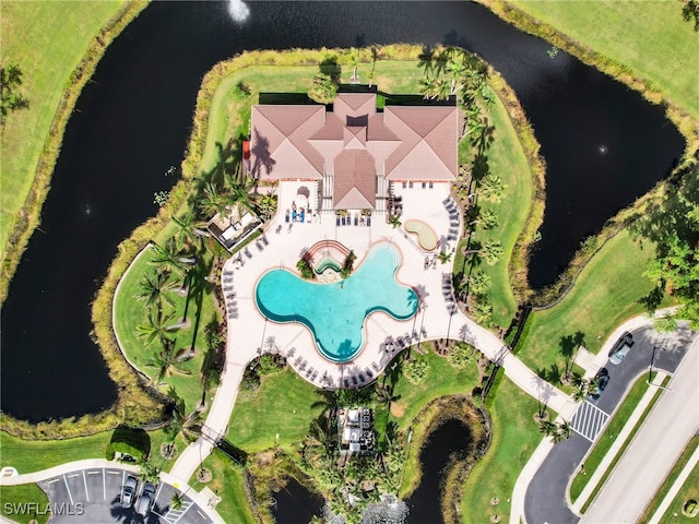 aerial view featuring a water view