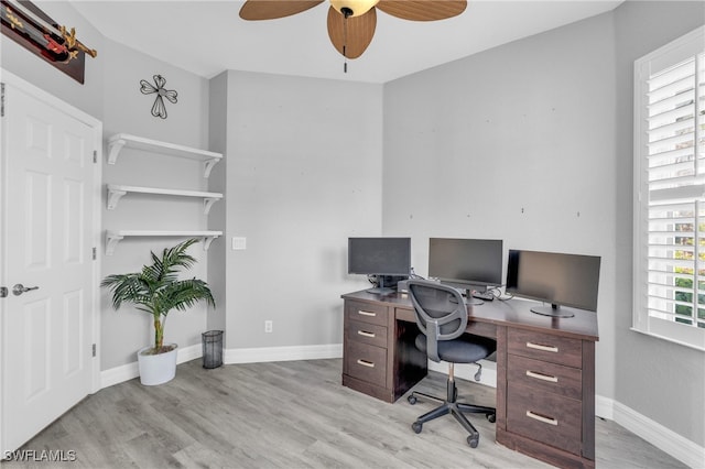 office area featuring ceiling fan, a healthy amount of sunlight, and light hardwood / wood-style flooring