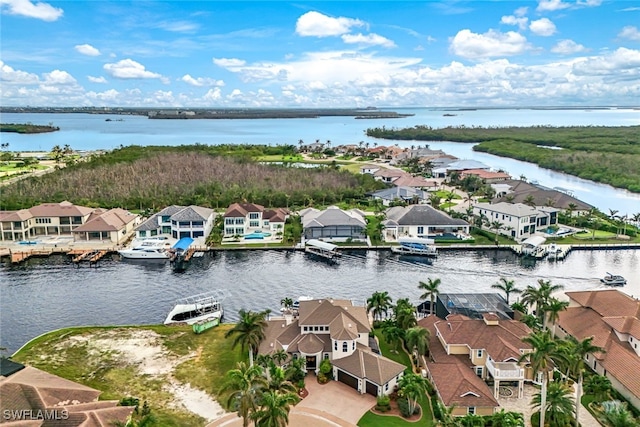 bird's eye view with a water view