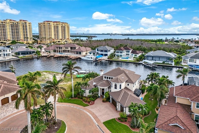 drone / aerial view featuring a water view