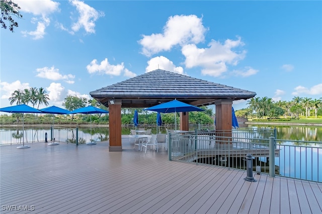 dock area featuring a gazebo and a water view