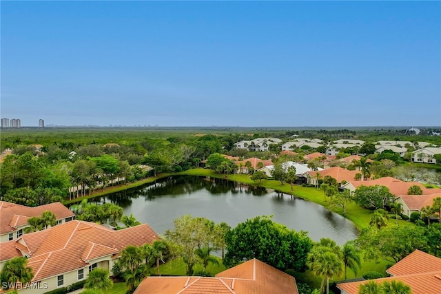 drone / aerial view featuring a water view