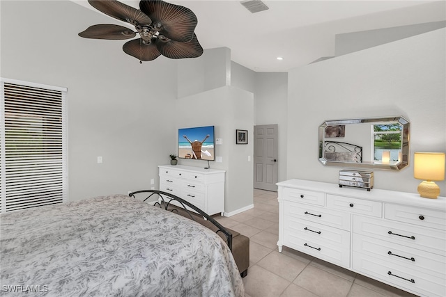 bedroom featuring ceiling fan and light tile patterned floors