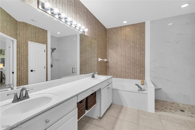 bathroom with vanity, tile patterned floors, and independent shower and bath