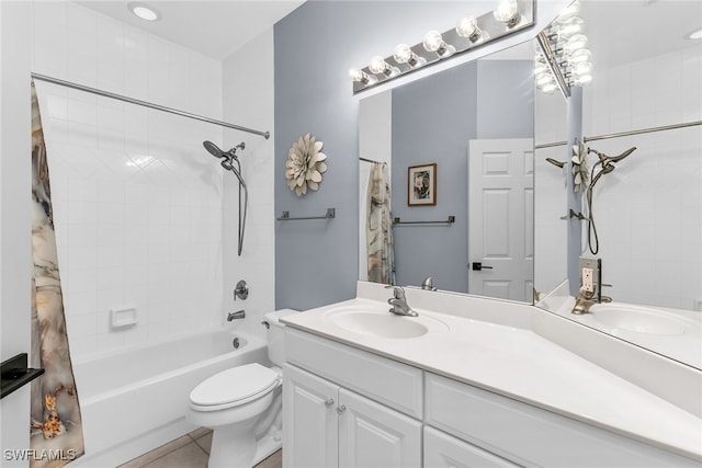 full bathroom featuring shower / bathtub combination with curtain, tile patterned flooring, vanity, and toilet