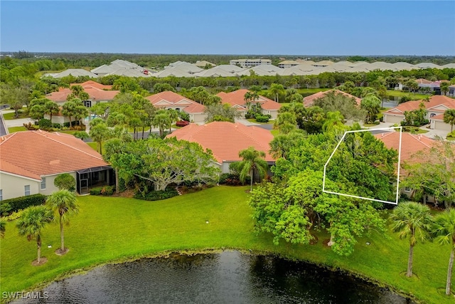 drone / aerial view featuring a water view