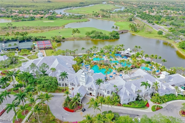 drone / aerial view with a water view