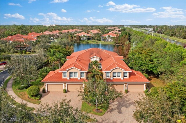 aerial view featuring a water view