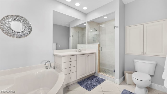 full bathroom with vanity, tile patterned floors, plus walk in shower, and toilet