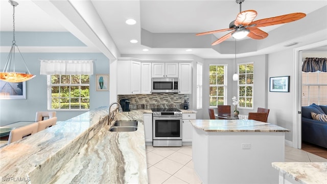 kitchen featuring stainless steel appliances, a raised ceiling, light stone countertops, and white cabinets