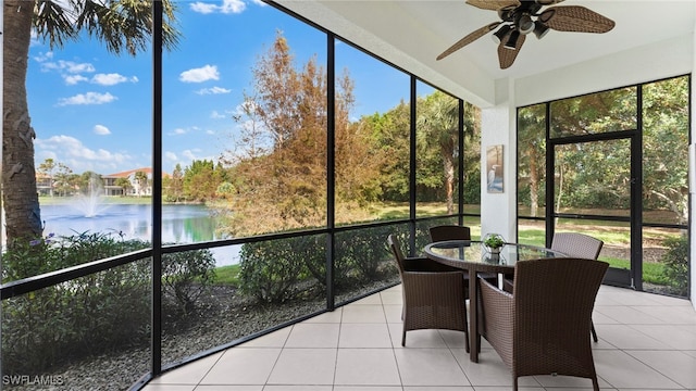 unfurnished sunroom with a water view, plenty of natural light, and ceiling fan