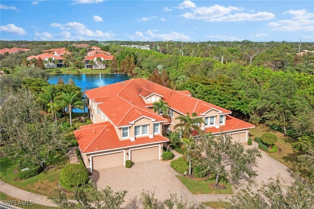 drone / aerial view featuring a water view