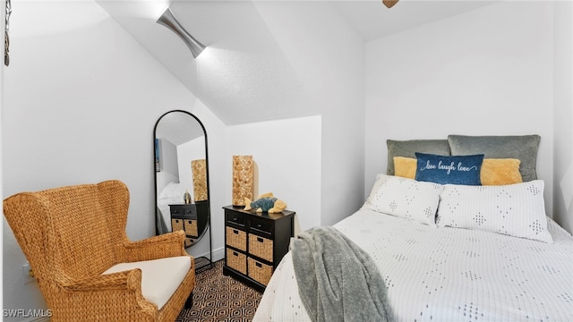 bedroom featuring lofted ceiling