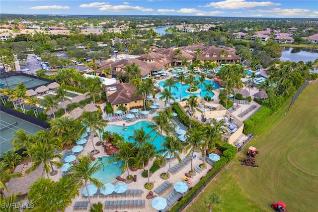 drone / aerial view featuring a water view