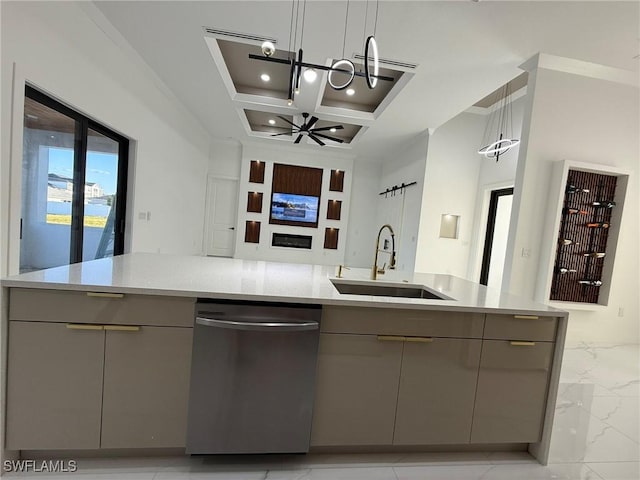 kitchen featuring coffered ceiling, sink, gray cabinetry, hanging light fixtures, and dishwasher